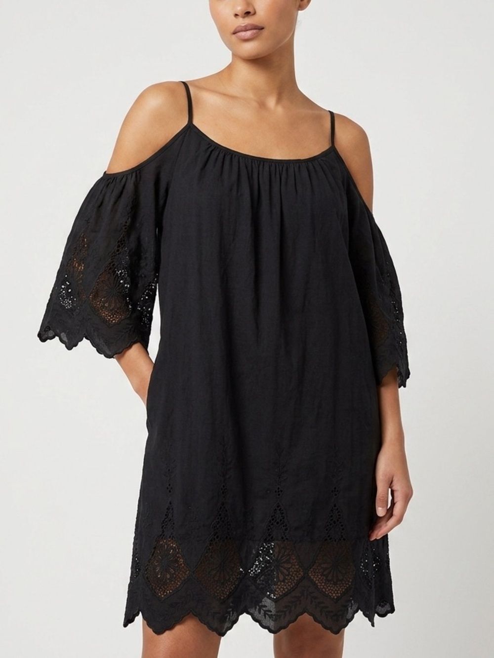 4SIZNNAI Black Cold Shoulder Eyelet Lace Boho Mini Dress Cutout Summer Pockets M